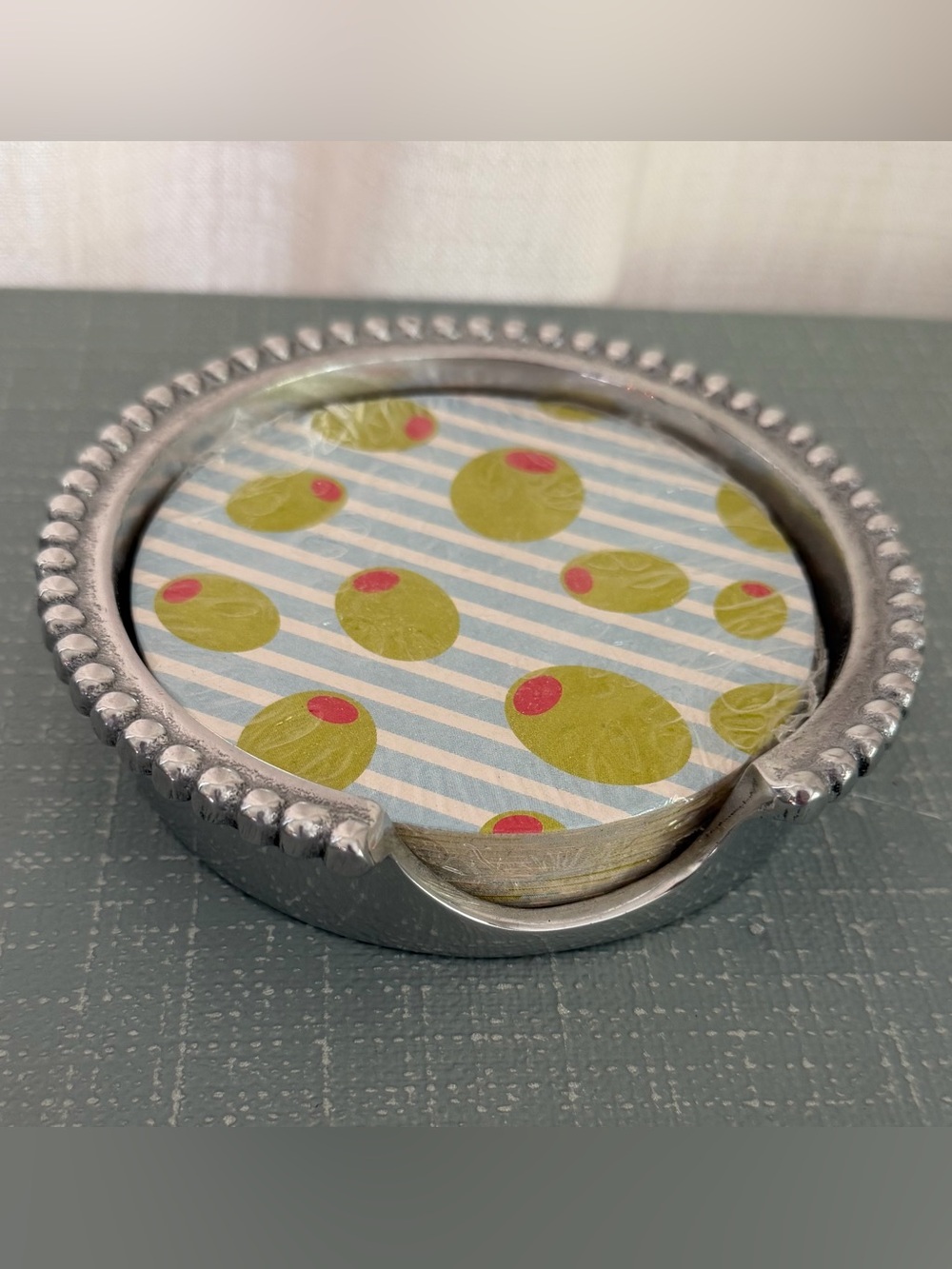 Mariposa Beaded Coaster Set with Holder | Retired Olive Pattern